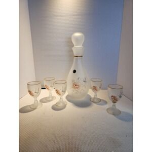 Vintage Frosted Satin‎ Glass Butterfly +Flowers 7-Piece Gem Decanter